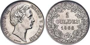 Bavaria Guilder, 1866, Ludwig II., AKS 178, ... 