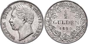 Württemberg 1/2 Gulden, 1860, Wilhelm I., ... 