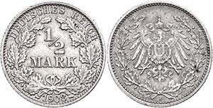 Kleinmünzen 1871-1922 1/2 Mark, 1908, F, ... 