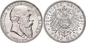 Baden 5 Mark, 1907, Friedrich I., auf seinen ... 
