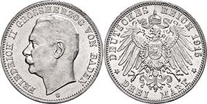 Baden 3 Mark, 1915, Friedrich II., kl. Rf., ... 