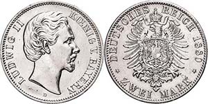 Bayern 2 Mark, 1880, Ludwig II., Feld auf ... 