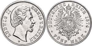 Bayern 5 Mark, 1874, Ludwig II., wz. Rf., ... 