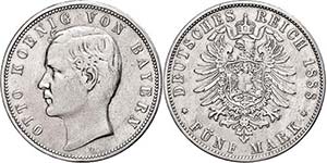 Bayern 5 Mark, 1888, Otto, etwas gereinigt, ... 