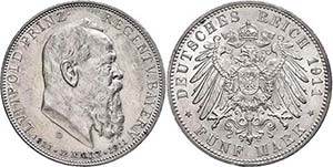 Bavaria 5 Mark, 1911, Prince regent Luitpold ... 