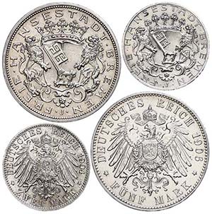 Bremen 2 and 5 Mark, 1904 and 1906, extremly ... 