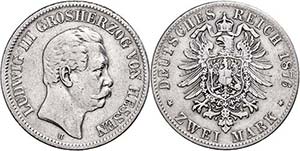 Hessen 2 Mark, 1876, Ludwig III., s-ss., ... 