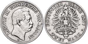 Hessen 2 Mark, 1877, Ludwig III., kl. Rf., ... 
