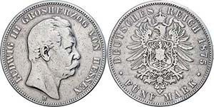 Hessen 5 Mark, 1875, Ludwig III., kl. Rf., ... 