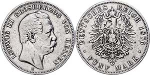 Hesse 5 Mark, 1876, Ludwig III., small edge ... 
