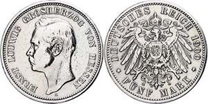 Hessen 5 Mark, 1900, Ernst Ludwig, kl. Rf., ... 