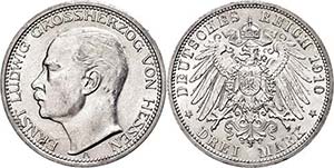 Hessen 3 Mark, 1910, Ernst Ludwig, wz. Rf., ... 