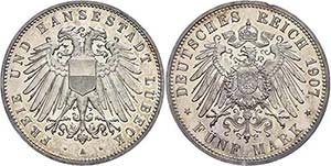 Lübeck 5 Mark, 1907, small edge nick and ... 