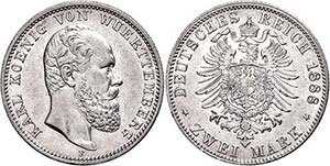 Württemberg 2 Mark, 1888, Karl, aversum ... 