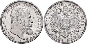 Württemberg 2 Mark, 1906, Wilhelm II., kl. ... 