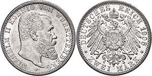 Württemberg 2 Mark, 1908, Wilhelm II., vz., ... 
