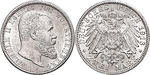 Württemberg 2 Mark, 1913, Wilhelm II., vz., ... 