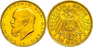 Bayern 20 Mark, 1914, Ludwig III., wz. Rf., ... 