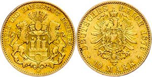 Hamburg 10 Mark, 1879, Stadtwappen, ss., ... 