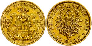 Hamburg 20 Mark, 1876, Stadtwappen, kleine ... 