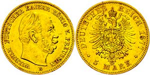Preußen Goldmünzen 5 Mark, 1877, Wilhelm ... 