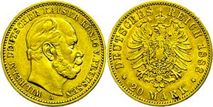 Preußen Goldmünzen 20 Mark, 1883, Wilhelm ... 