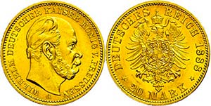 Prussia 20 Mark, 1888, Wilhelm I., edge ... 