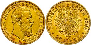 Prussia 20 Mark, 1888, Friedrich III., edge ... 