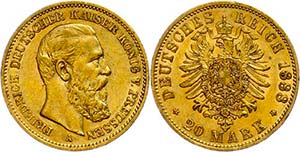 Prussia 20 Mark, 1888, Friedrich III., very ... 