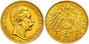 Prussia 20 Mark, 1909, Wilhelm II., small ... 