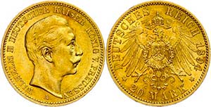 Prussia 20 Mark, 1894, Wilhelm II., very ... 