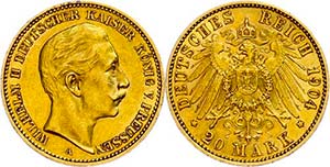 Prussia 20 Mark, 1904, Wilhelm II., smaller ... 