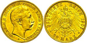 Prussia 20 Mark, 1905, Wilhelm II., edge ... 