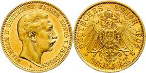 Prussia 20 Mark, 1905, Wilhelm II., small ... 