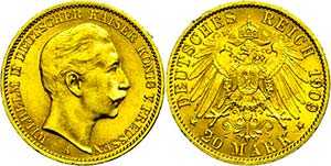 Prussia 20 Mark, 1909, Wilhelm II., small ... 