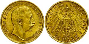 Preußen Goldmünzen 20 Mark, 1910 A, ... 
