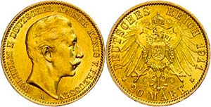 Prussia 20 Mark, 1911, Wilhelm II., smaller ... 