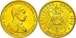 Prussia 20 Mark, 1913, Wilhelm II. in guard ... 