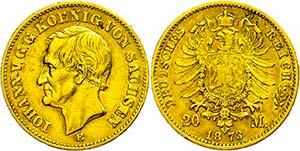 Sachsen 20 Mark, 1873, Johann, kl. Rf., ss., ... 
