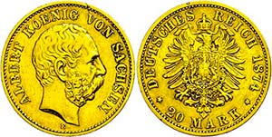 Saxony 20 Mark, 1874, Albert, edge nick, ... 