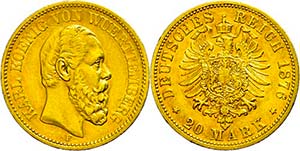 Württemberg 20 Mark, 1876, Karl, small edge ... 
