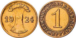 Münzen Weimar 1 Reichspfennig, 1924, E, ... 