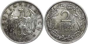 Münzen Weimar 2 Reichsmark, 1925, A, wz. ... 