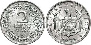 Münzen Weimar 2 Reichsmark, 1926, D, etwas ... 