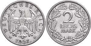Münzen Weimar 2 Reichsmark, 1927, J, ss., ... 