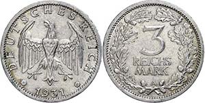 Coins Weimar Republic 3 Reichmark, 1931, Mzz ... 