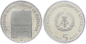 GDR 5 Mark, 1983, Luthers birthplace in ... 