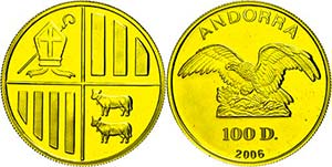 Andorra 100 Diners, Gold, 2006, Av: Adler ... 
