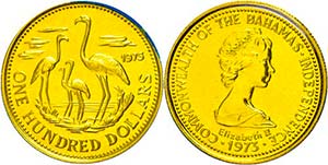 Bahamas 100 Dollars, Gold, 1975, flamingos, ... 