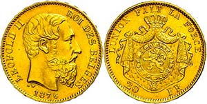 Belgium 20 Franc, Gold, 1876, Leopold II., ... 